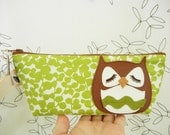 Stewart the Owl Green Spring Floral Cotton Canvas Carry All Case Vinyl Applique