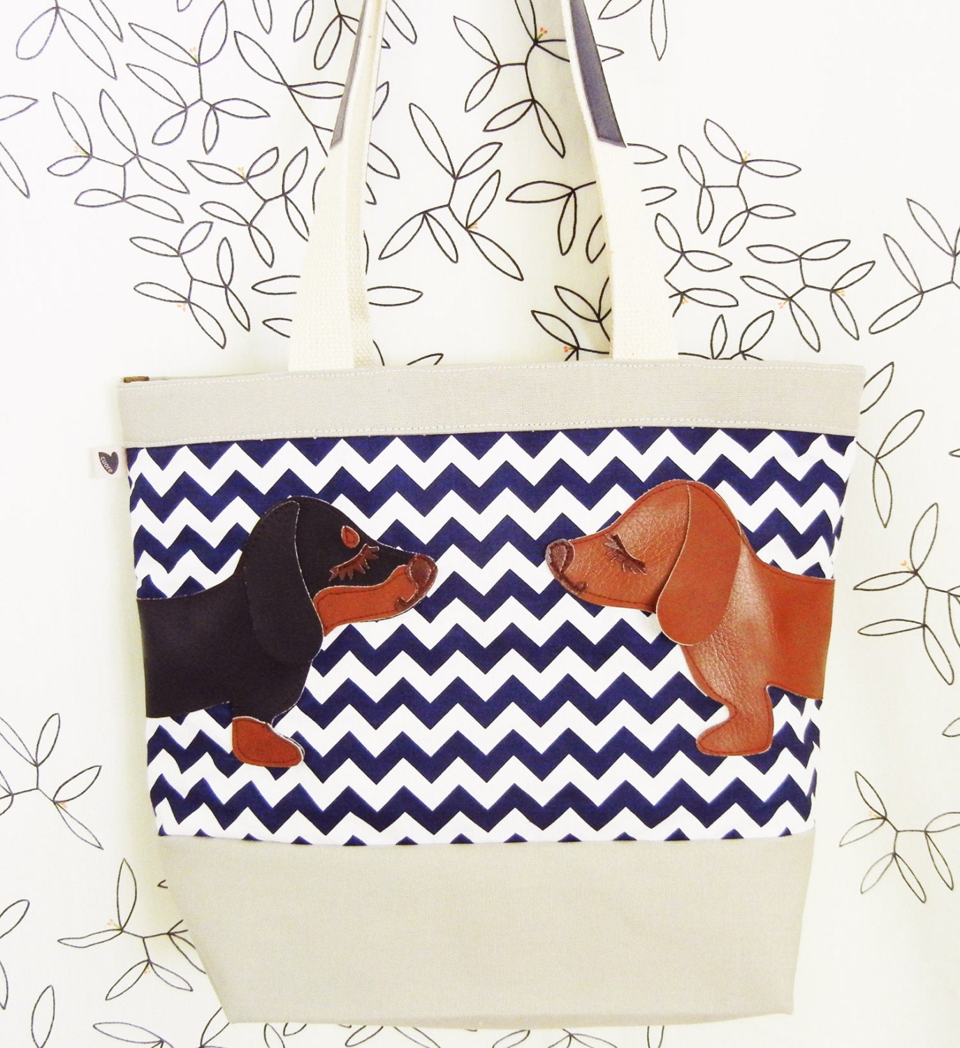 Teriyaki and BBQ the Dachshunds Navy White Chevron Stripes Grey Canvas Tote Shoulder bag
