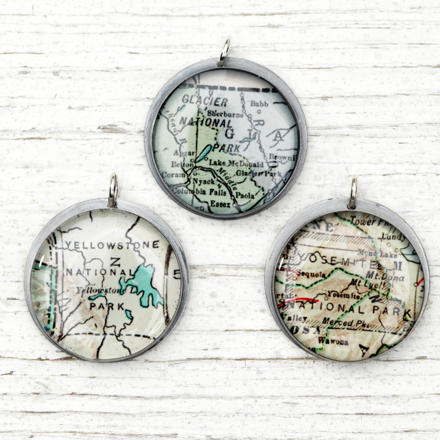 Glacier, Yosemite, or Yellowstone National Parks - Vintage Map Pendant in Handmade Sterling Setting