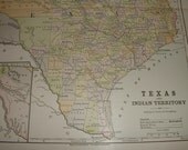1888 TEXAS and Indian Territory Antique Map for Altered Art or Framing
