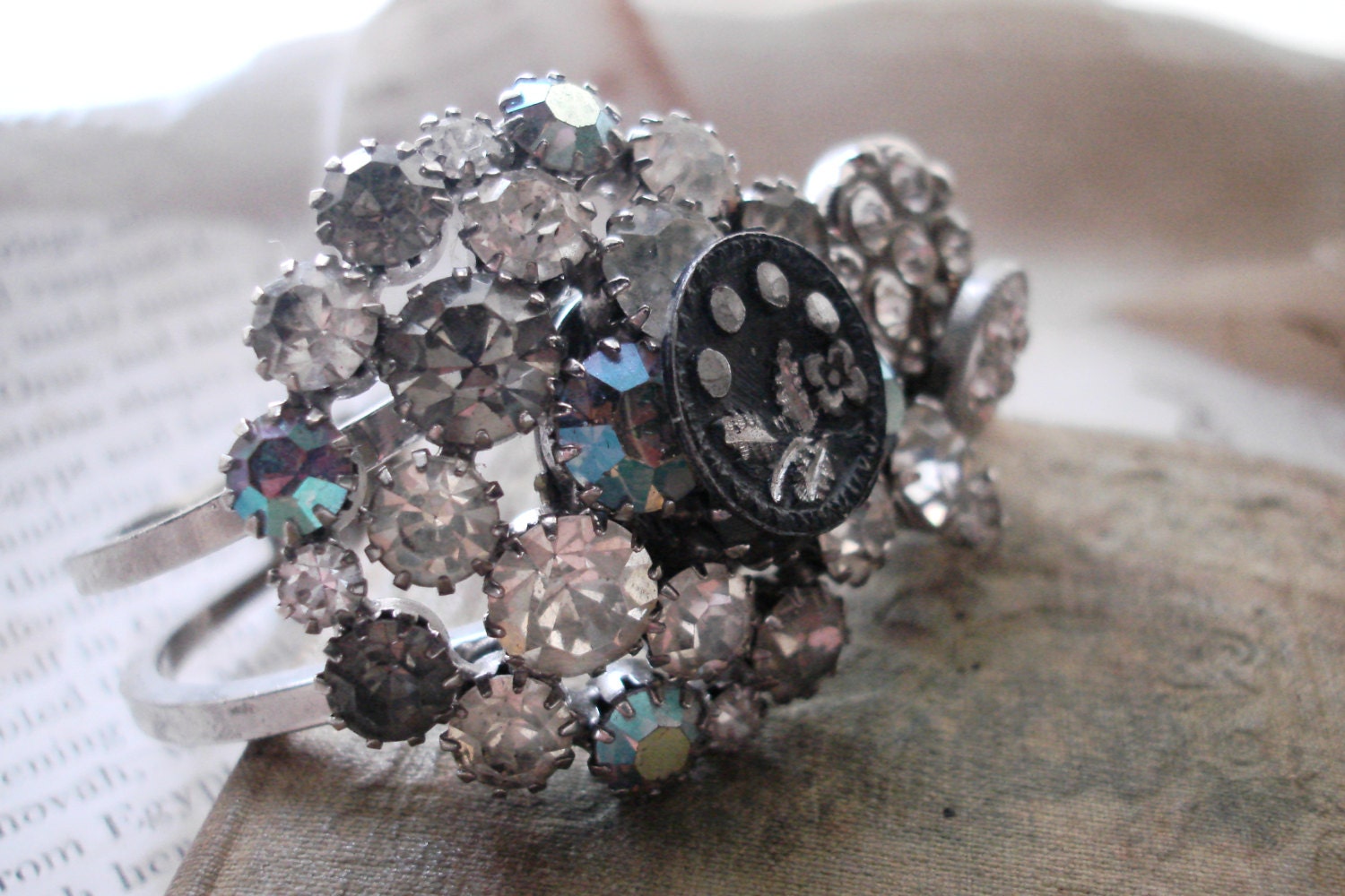 assemblage  boho gypset collage clamper bracelet, antique button bracelet, antique brooch cuff. "Heavenly Day"