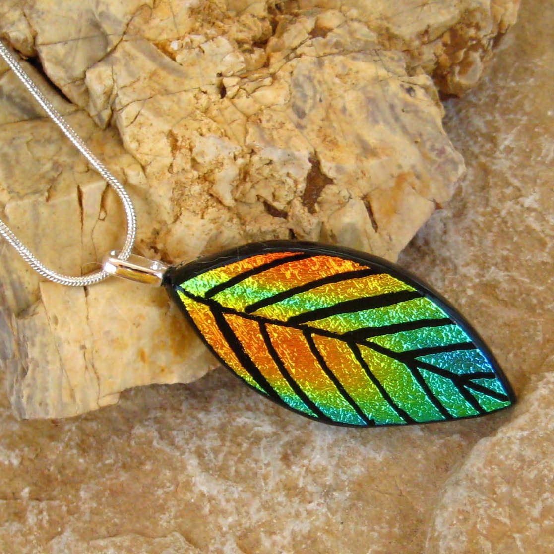 Hand Etched Fused Glass Pendant, Dichroic Fused Glass Hand Etched  Pendant   - Autumn Leaf in Glass