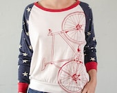 Small - Wheel America - women's bicycle shirt - long sleeve raglan pullover - red bike and stars -