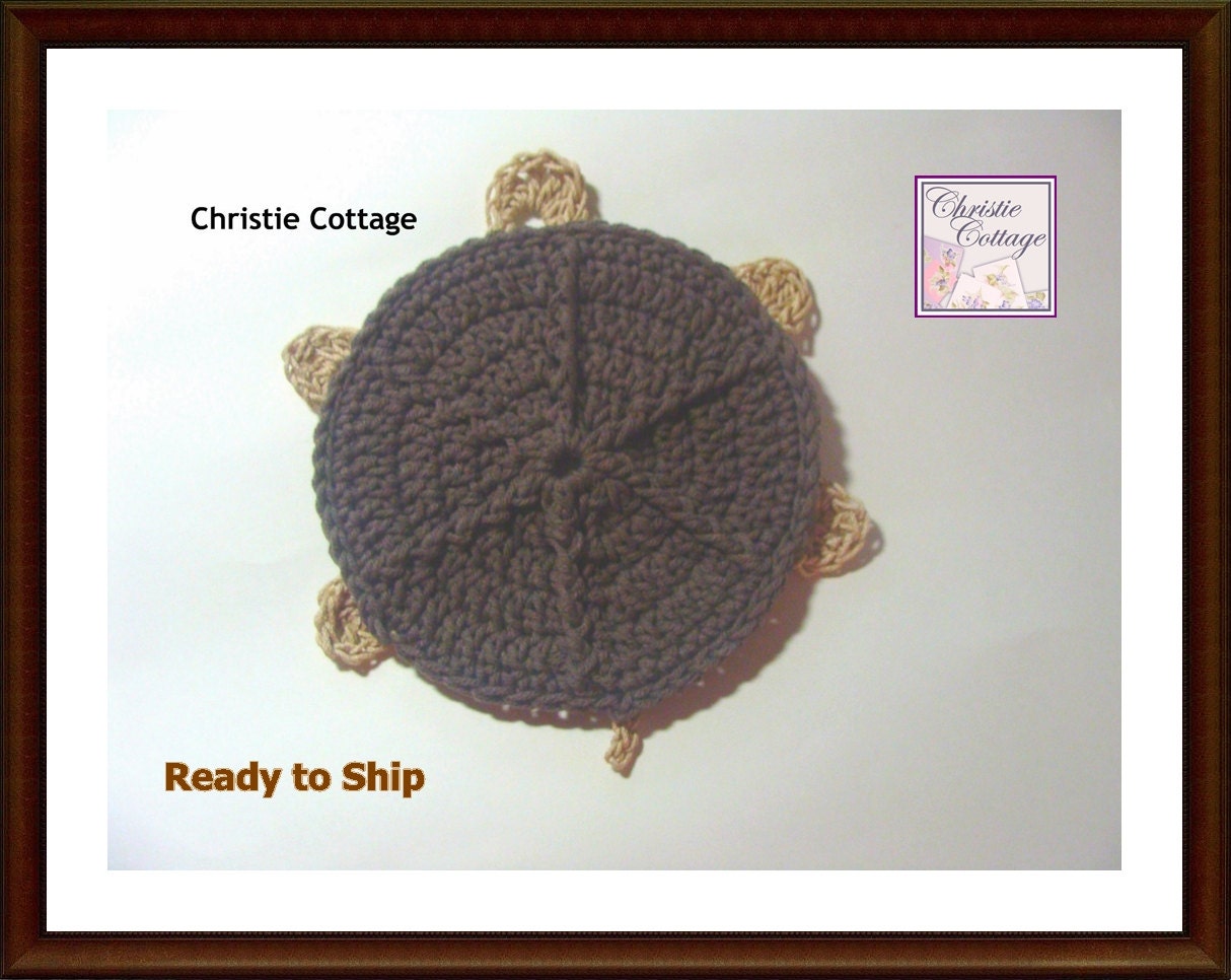 Turtle Bath Mitt Crocheted - Ready to Ship, Brown, Tan