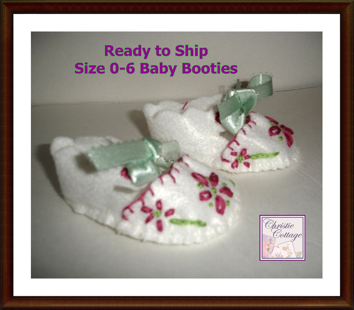 Baby Booties, Size 0-6 months, White, Embroidered, Pink and Green Flowers, USA, Baby Girl