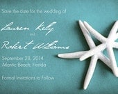 150 Save the Date postcards 5x7 - WHITE STARFISH on blue