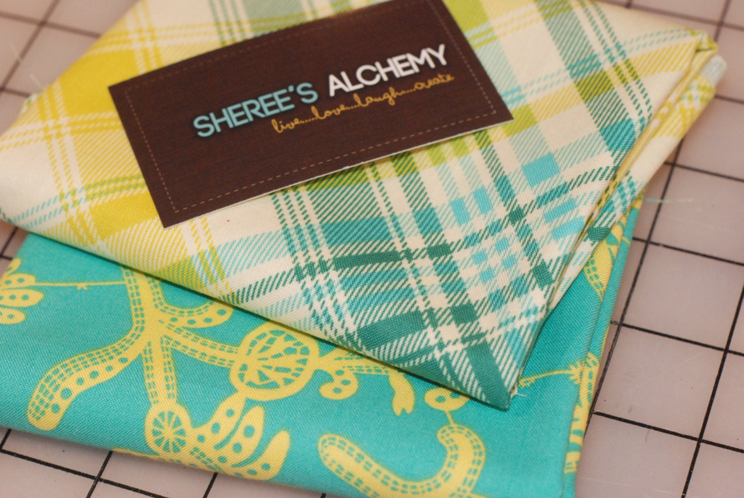 Floral and Plaid Modern Cotton Fat Quarter FQ Bundle 2 prints Turquoise Yellow Quilting Sewing Notting Hill Joel Dewberry Amy Butler Lark