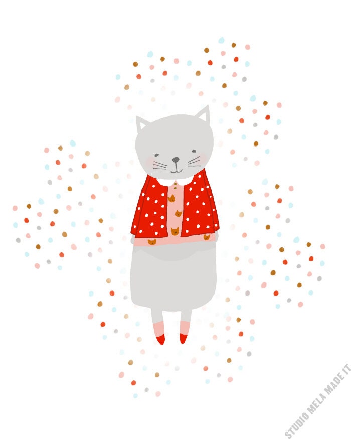 illustration, digital art print, cat art, animals, 8x10, poster, kids art, childrens art, baby gift, nursery artwork - HERE KITTY KITTY