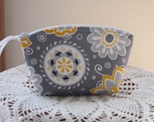 Cosmetic Bag Clutch Zipper Purse Dots in Funky Flowers in Gray Made in the USA