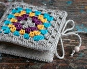 Small Linen Needle Book with Crochet detail -- Granny Square