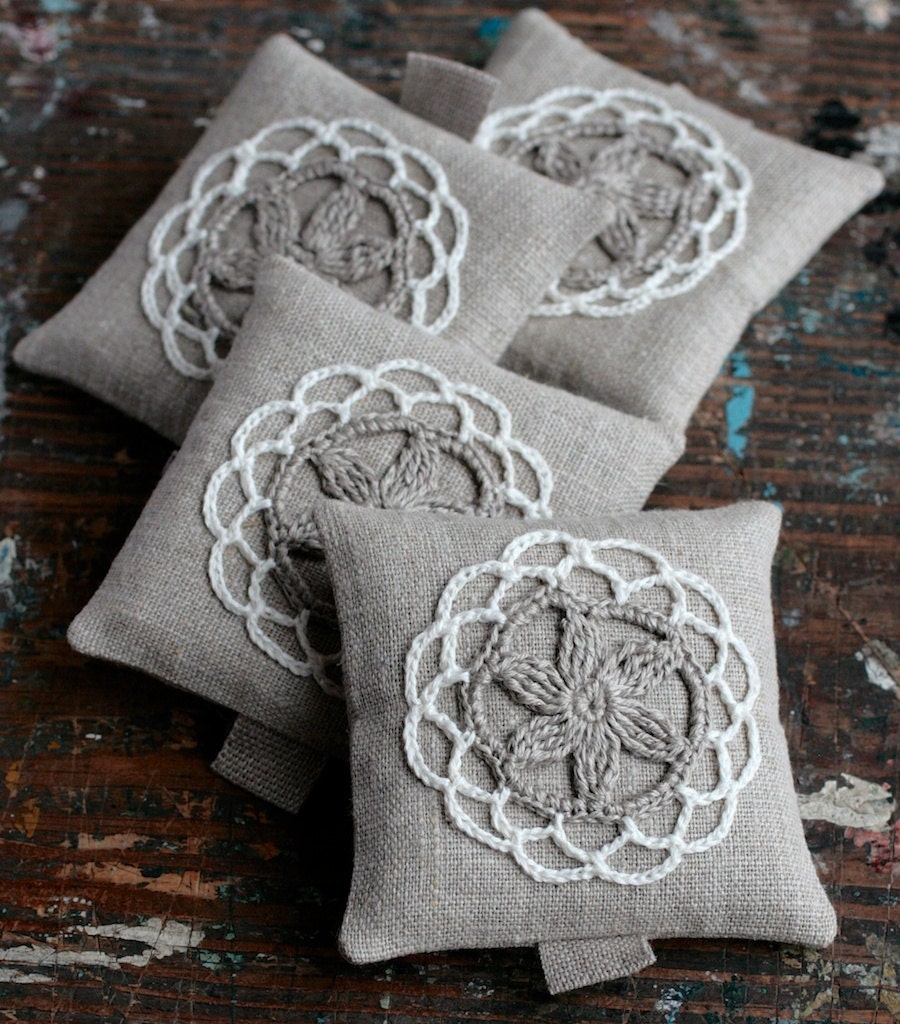 Lavender sachets -- crochet motif -- set of 4