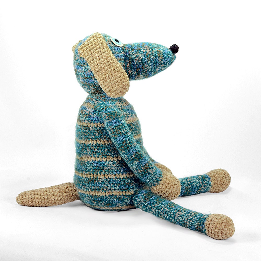 tony - teal, blue and beige crocheted stuffed dog plush softie