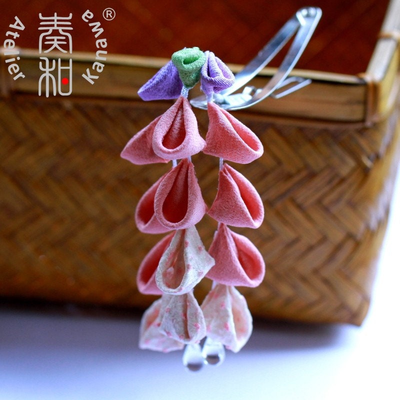 Vintage Kimono Drooping Wisteria Tsumami Kanzashi Snap Clip with Raindrops