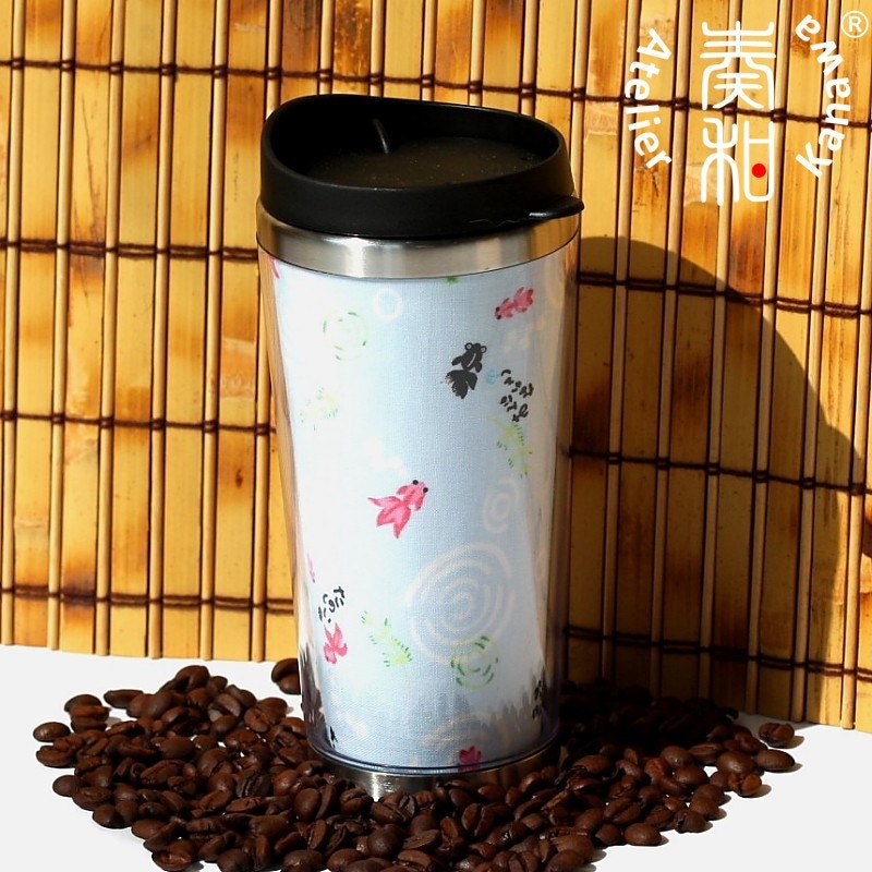 Gold Fish Paradise - Kimono Fabric Eco Friendly Stainless Steel Coffee Tumbler