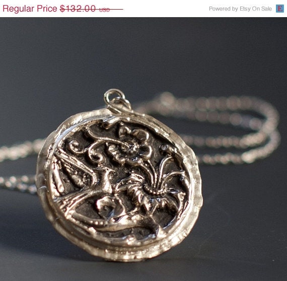 Passion flower and bird medallion, sterling silver pendant, made to order