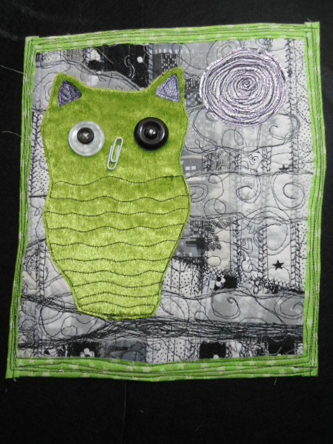 Cool NIght Silver Moon OOAK Art Quilt Textile Wall Hanging Original Green Black White Silver