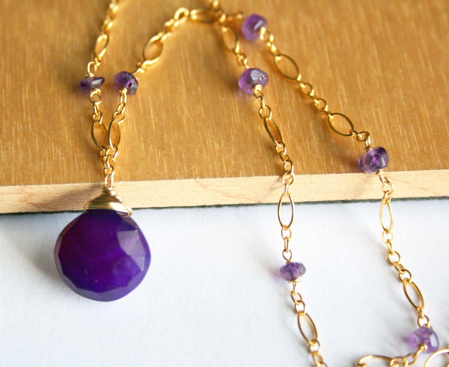 Purple Tear Drop Necklace, Chalcedony Teardrop, Amethyst, Gold Fill Gemstone Briolette Jewelry