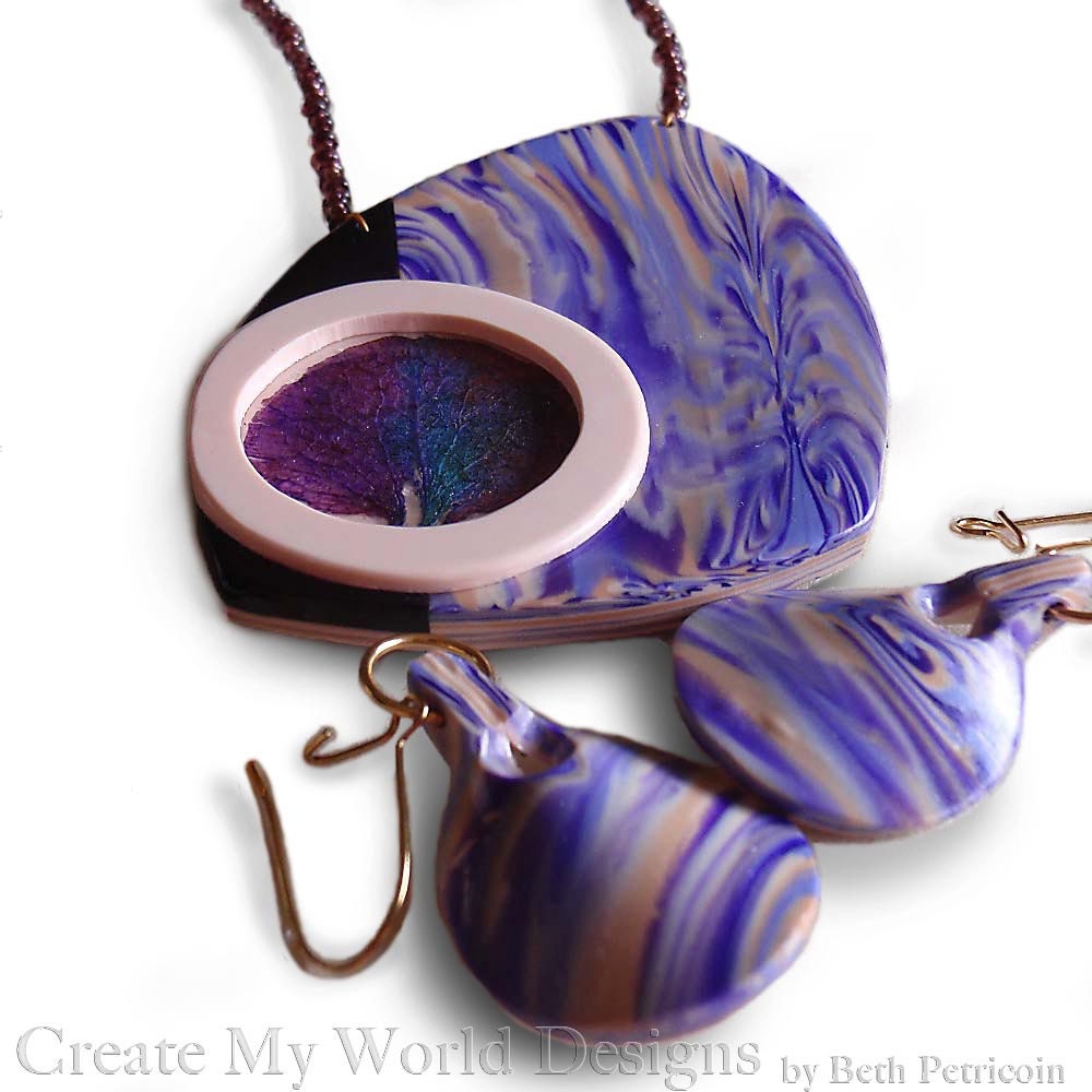 Purple Necklace Earring Set, polymer clay, real hydrangea flower petal, cream, black, beige, gold