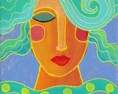 Hand Painted Art Tile Funky Abstract Portrait of a Woman