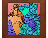 Abstract Digital Mermaid Painting on Framed Ceramic Art Tile