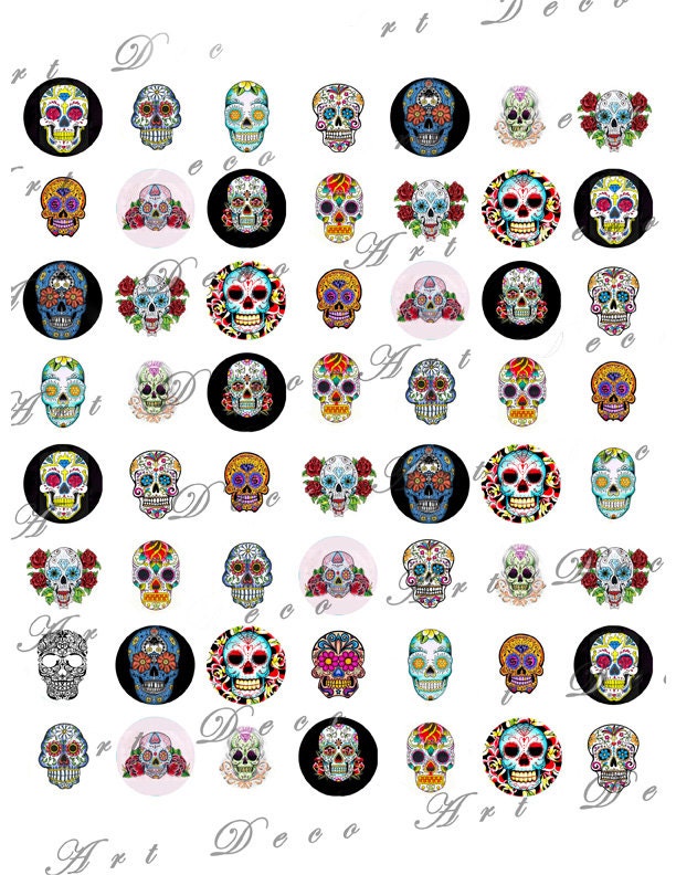 Day of the Dead..Dia de Los Muertos...sugar skull tattoos...1 inch circles...instant download.....digital collage sheet no. 355