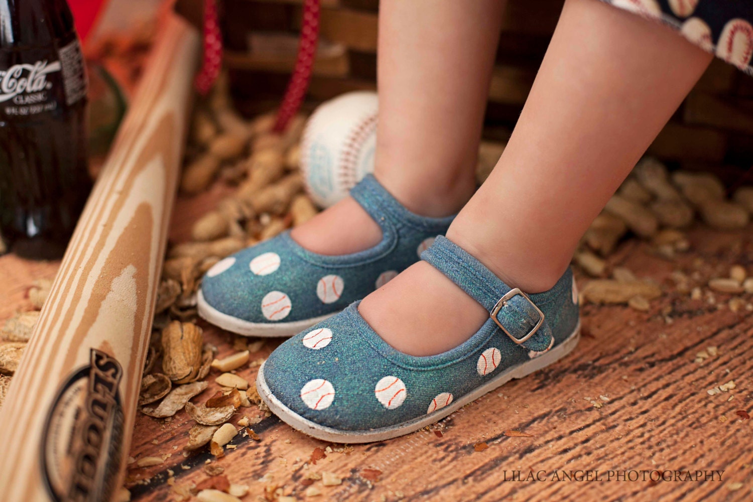Girls Baseball shoes - hand painted baseballs on sparkley denim maryjanes for infant and toddler girls
