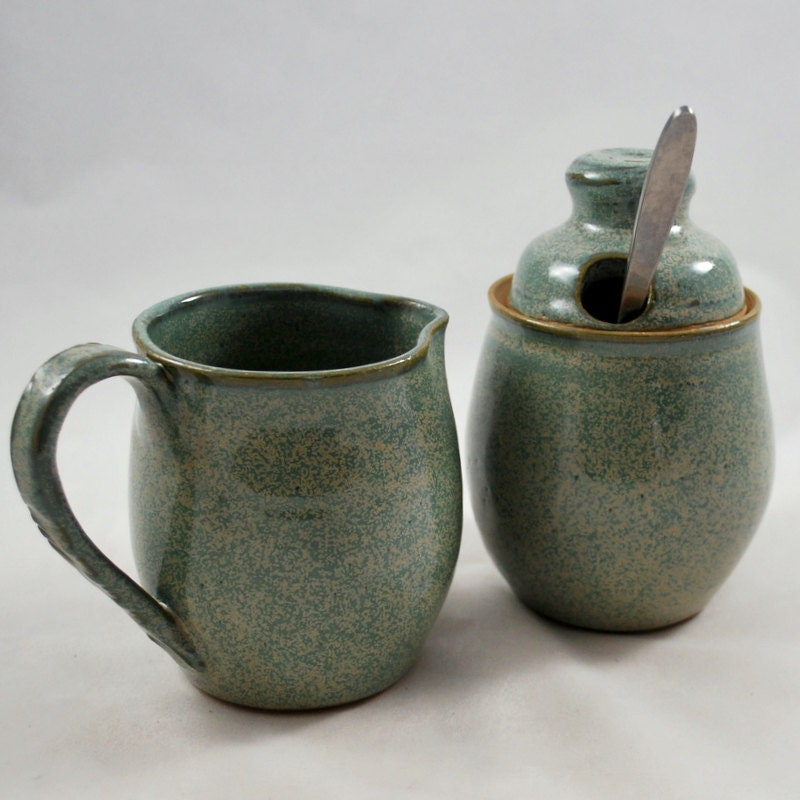 Aqua Green Creamer and Sugar, Wheel Thrown Stoneware Clay Pottery Free US Shipping