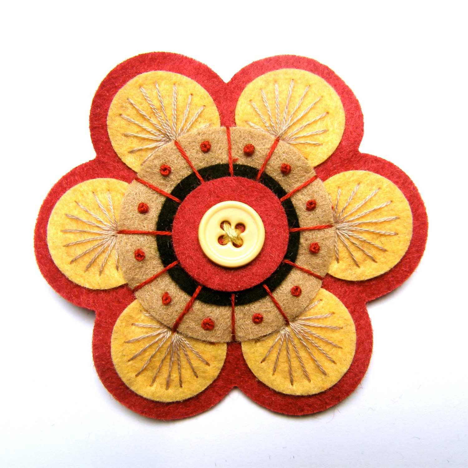 SEVENTIES felt brooch pin with freeform embroidery - scandinavian style