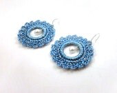 Teal Blue Crocheted Earrings with Pearl Dangle - Color Choices