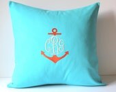 Split Anchor Monogrammed Pillow Cover - Turquoise Orange - Split Design - Personalized - Dorm Decor - Children - Nursery Decor - 18 X 18