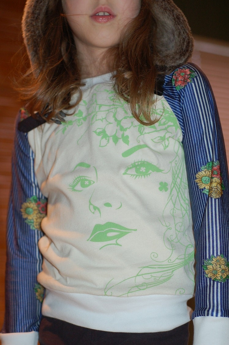 Little Girl Recycled Tshirt - handmade, raglan, girl, face, green, vintage polyester