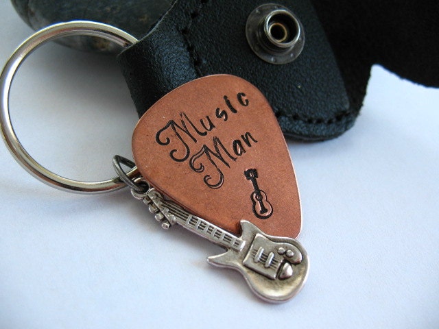 Hand Stamped Guitar Pick Keychain, Black Leather Case- Personalized Copper Guitar Pick Key Chain - Music Man
