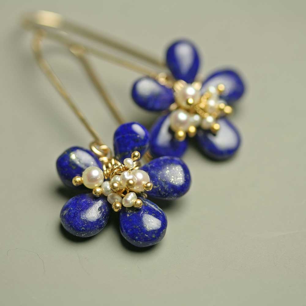 Lapis Lazuli Flower Earrings with Freshwater Pearl Clusters
