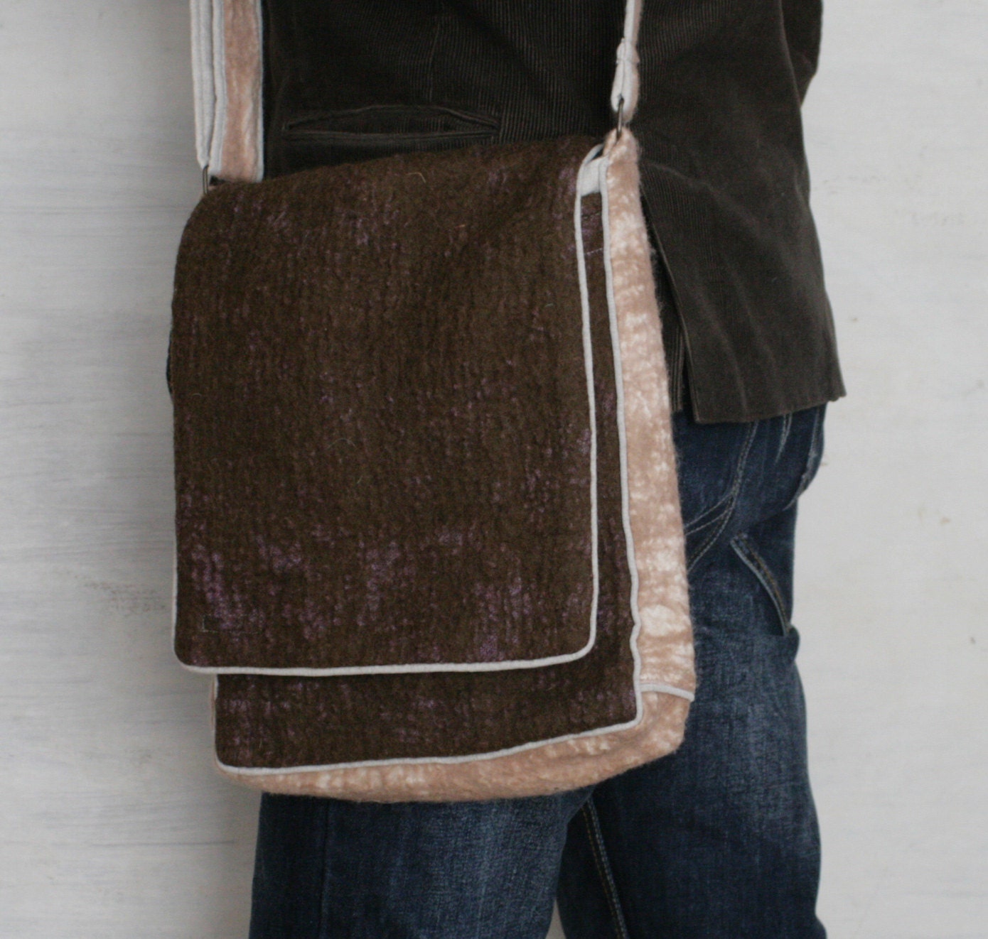 Stylish Brown Messenger Shoulder Felted Bag -- Hand felted wool -- Wearable Art - OOAK
