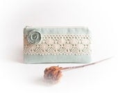 Summer Rustic Wedding Clutch Bridesmaid Gift Idea Clutch Pouch Purse Cosmetic clutch Blue Green Pastel Rosette Lace by Lolos