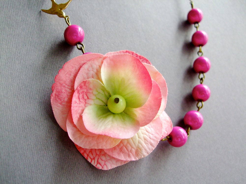 Pink Fabric Necklace, Magenta Jewelry,Bridesmaid Necklace,Spring Jewelry,Romantic Jewelry (Free matching earrings)