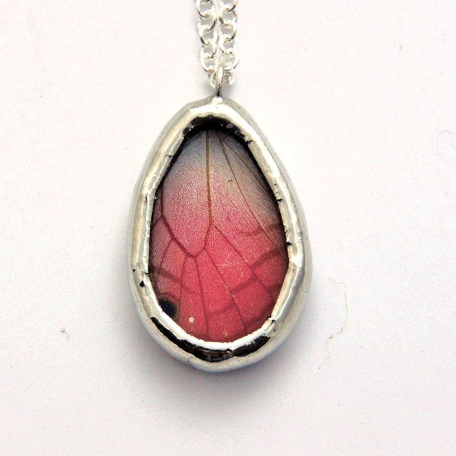 Real Butterfly Wing Necklace Pink Glasswing