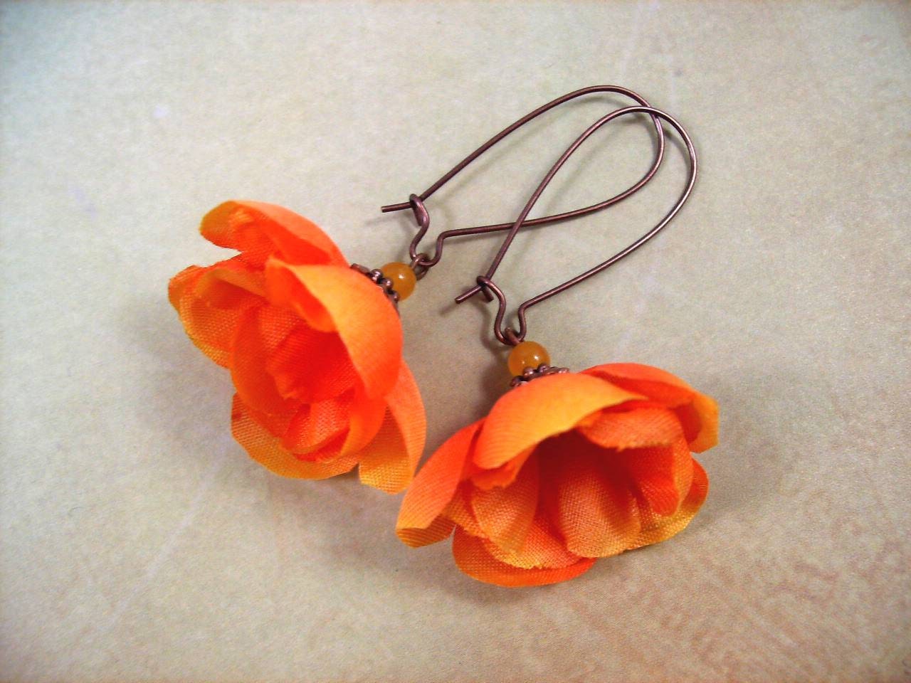 Flower Earrings, Sunset Orange Crocus Blossoms, Fabric Flower and Copper Dangle Earrings, FREE Shipping U.S.