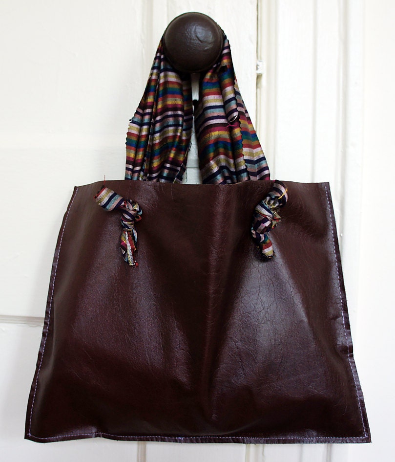 RECYCLED leather handmade bag beautiful raw SILK knotted handles contrast stitching BESPOKE