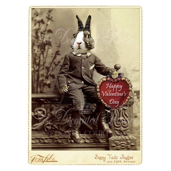 VALENTINEs BEAU BUNNY Art Print . Cabinet Card Vintage Style . Happy Valentines Day. 5 x 7 inch. Handmade Art. The Decroated House