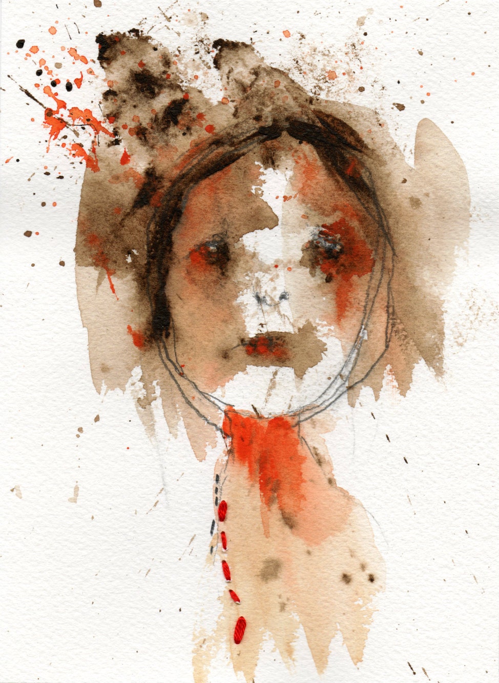 Original Watercolor Portrait Painting with Simple Embroidery by Christina Romeo....... "Abhorrer"