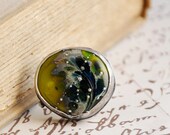 OOAK Feathered Green Blue Glass Silver Ring