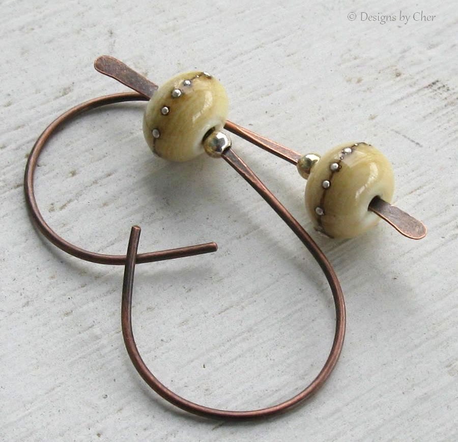 Ivory Lampwork Glass Mixed Metal Earrings, Sterling Silver, Oxidized Copper Metalwork Earwires, Artisan Silvered Glass