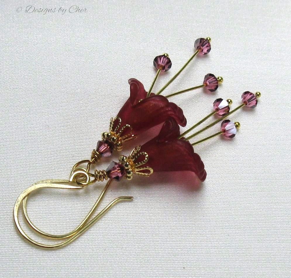 Plum Rose Lucite Flower Earrings, Handmade Gold Earwires, Swarovski Crystals... Rich Floral Jewelry