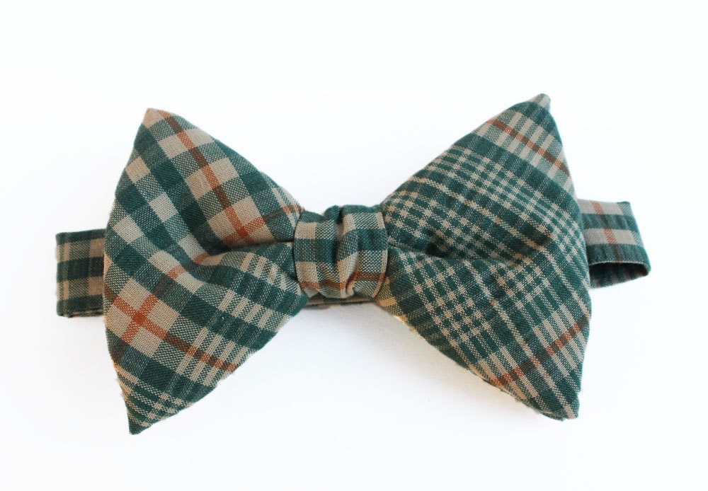 Plaid Butterfly Bow Tie with Adjustable Neck Strap- Forrest Green, Khaki and Orange