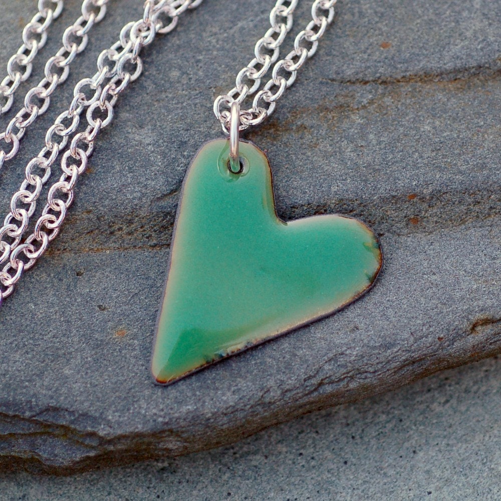 Enamel Heart Pendant Necklace Copper Little Opal Green