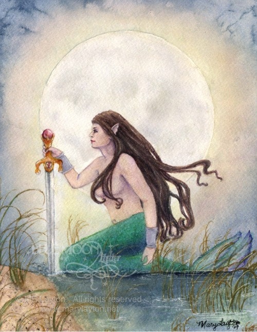 Lady of the Lake - arthurian excalibur mermaid fantasy signed print - Mary Layton