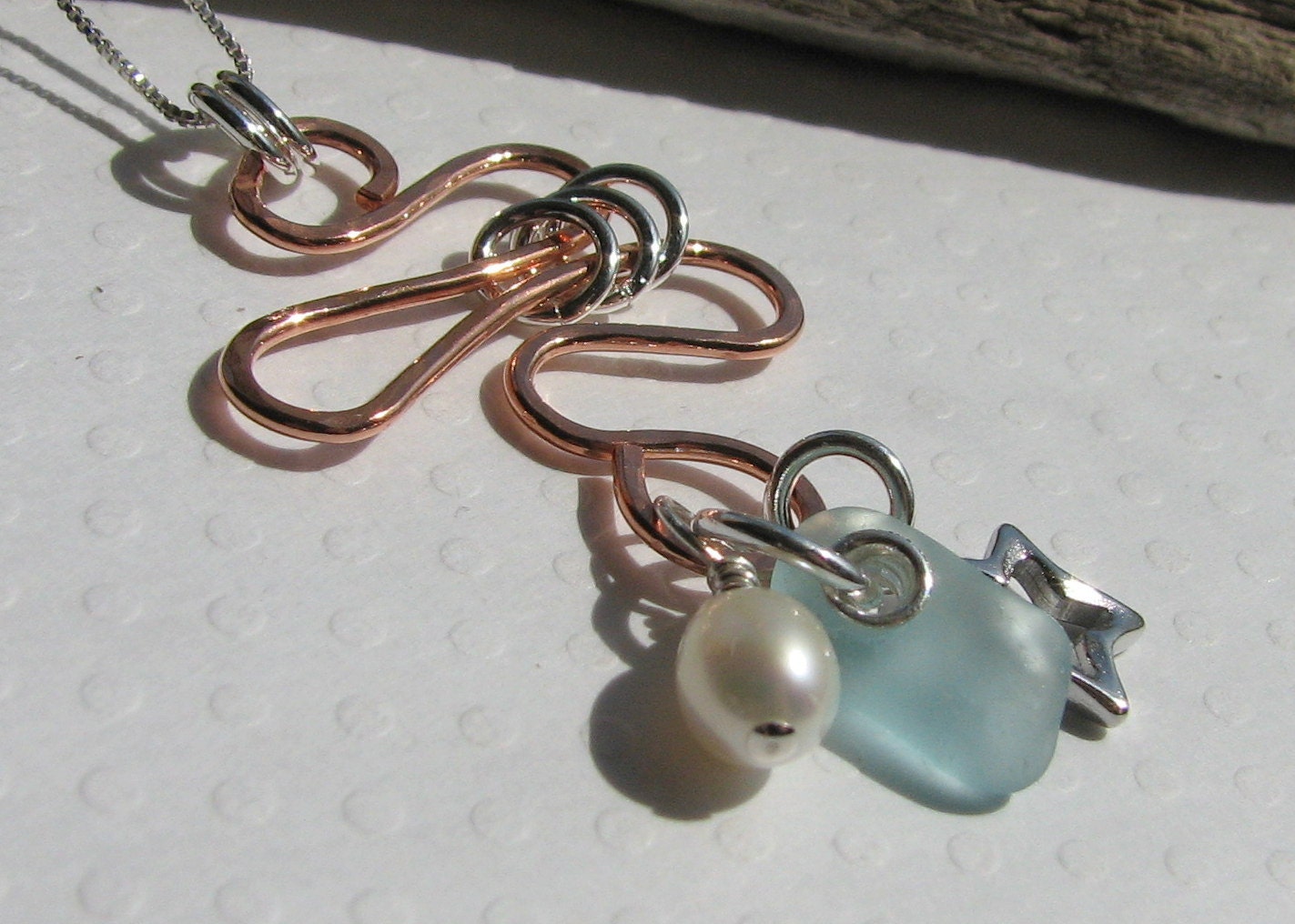 Coastal  Fun Copper and Sterling Sea/Beach Glass Necklace