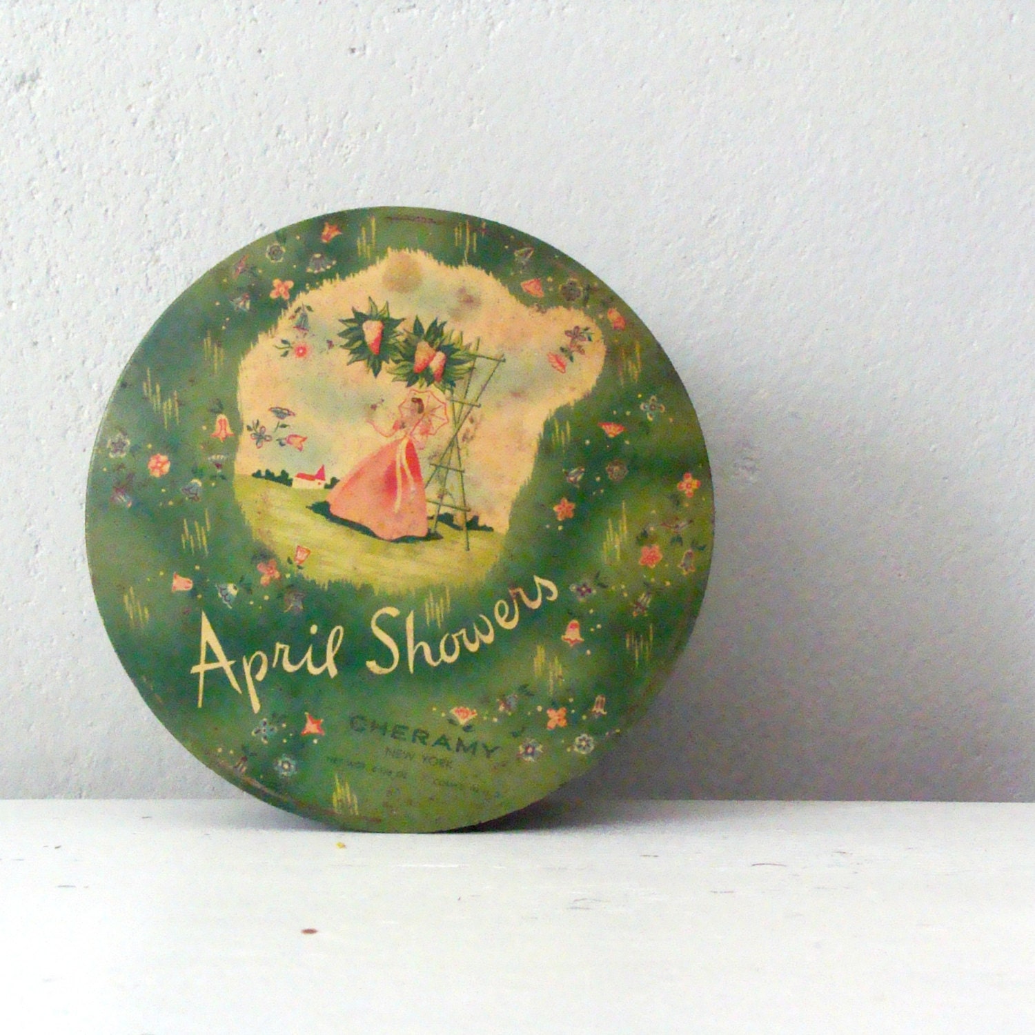April Showers Decorative Round Metal Tin Box Green Shabby Cottage Chic Pink Cheramy New York Powder