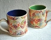 Rainbow Mug- Handbuilt, Block-printed, colorful floral coffee mug in bright colors- cobalt blue interior